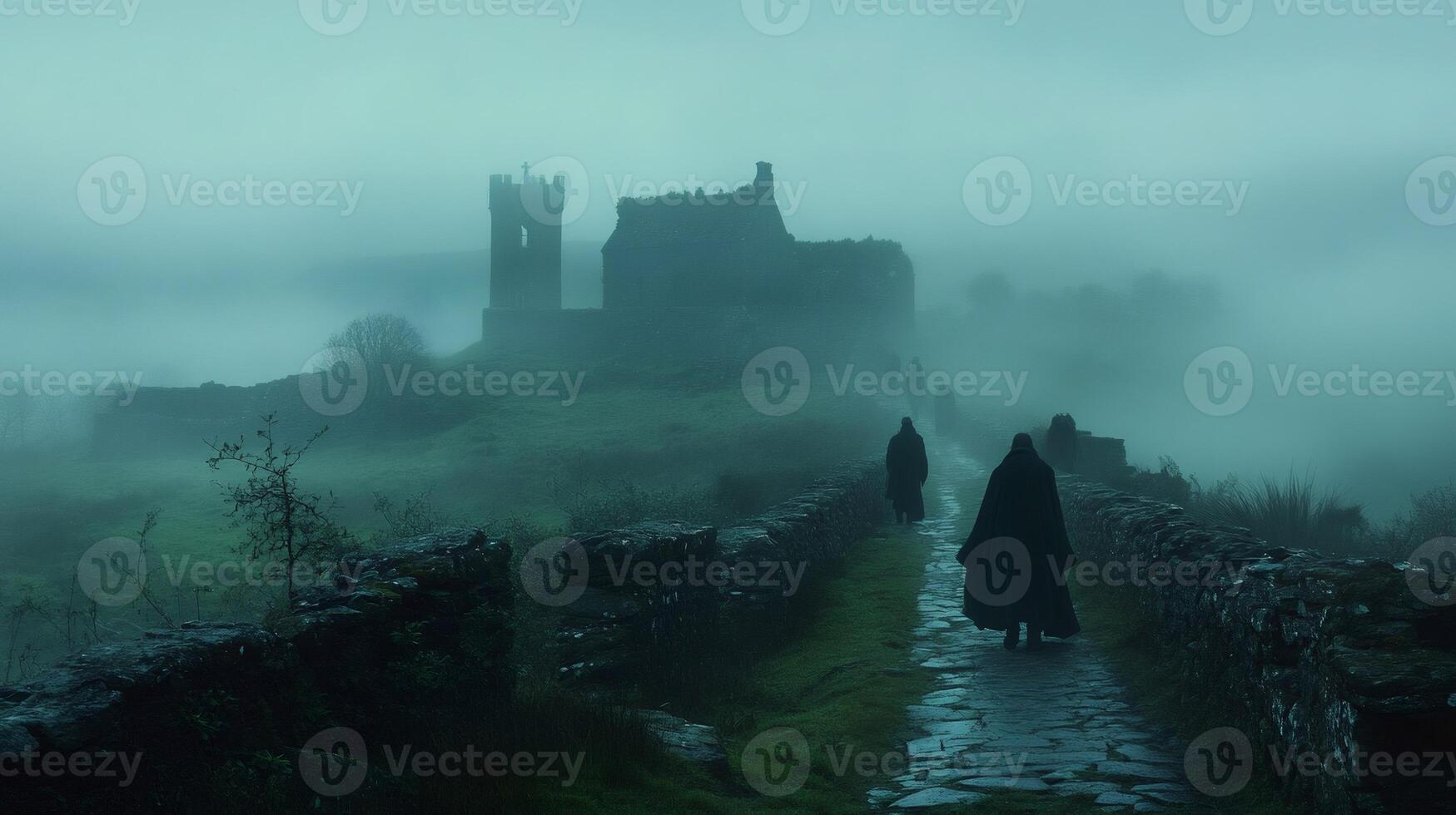 Monks walking on a path towards a mysterious abbey in the fog photo