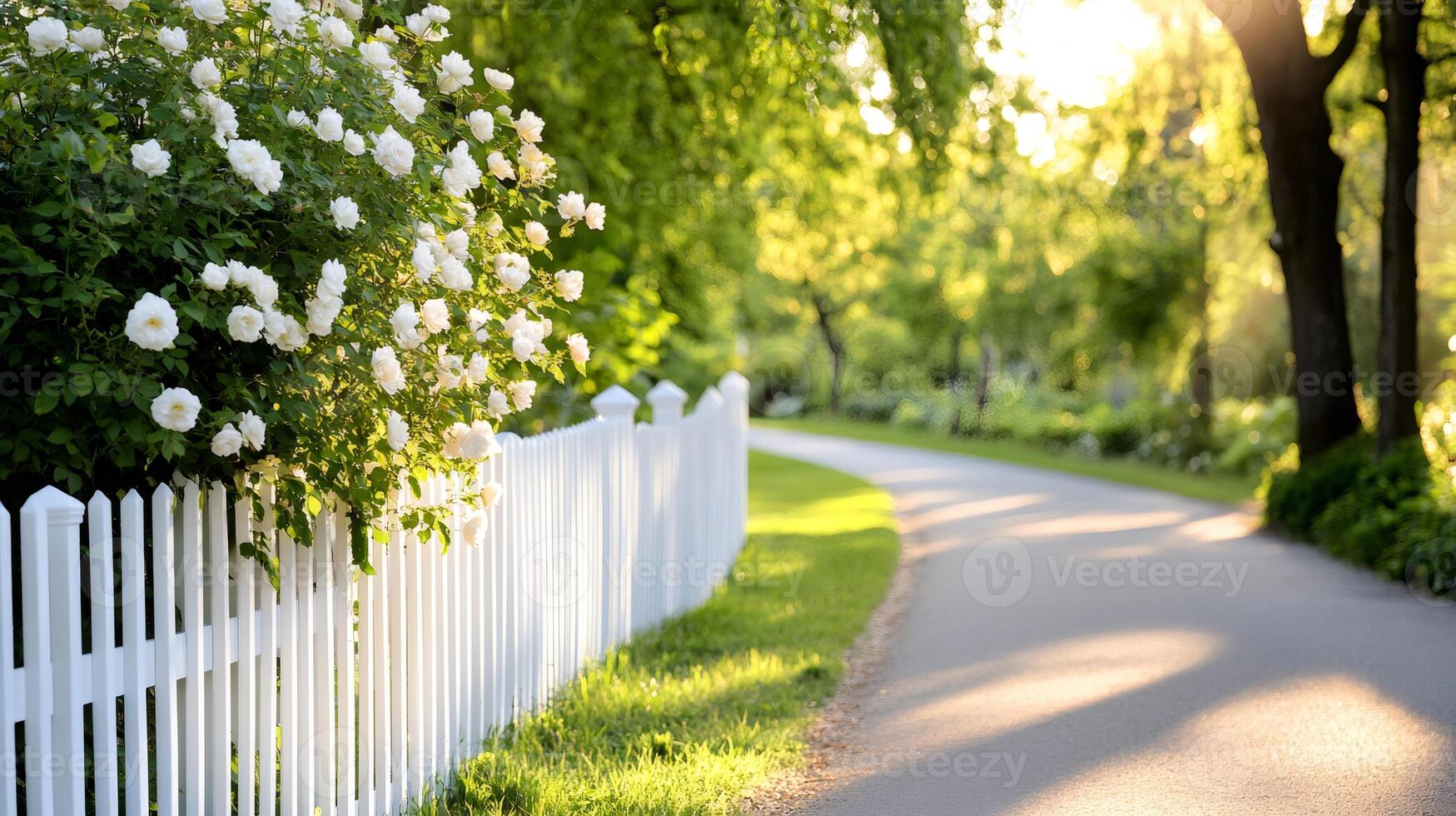 White picket fence with blooming white roses bordering a paved path in a park during golden hour photo