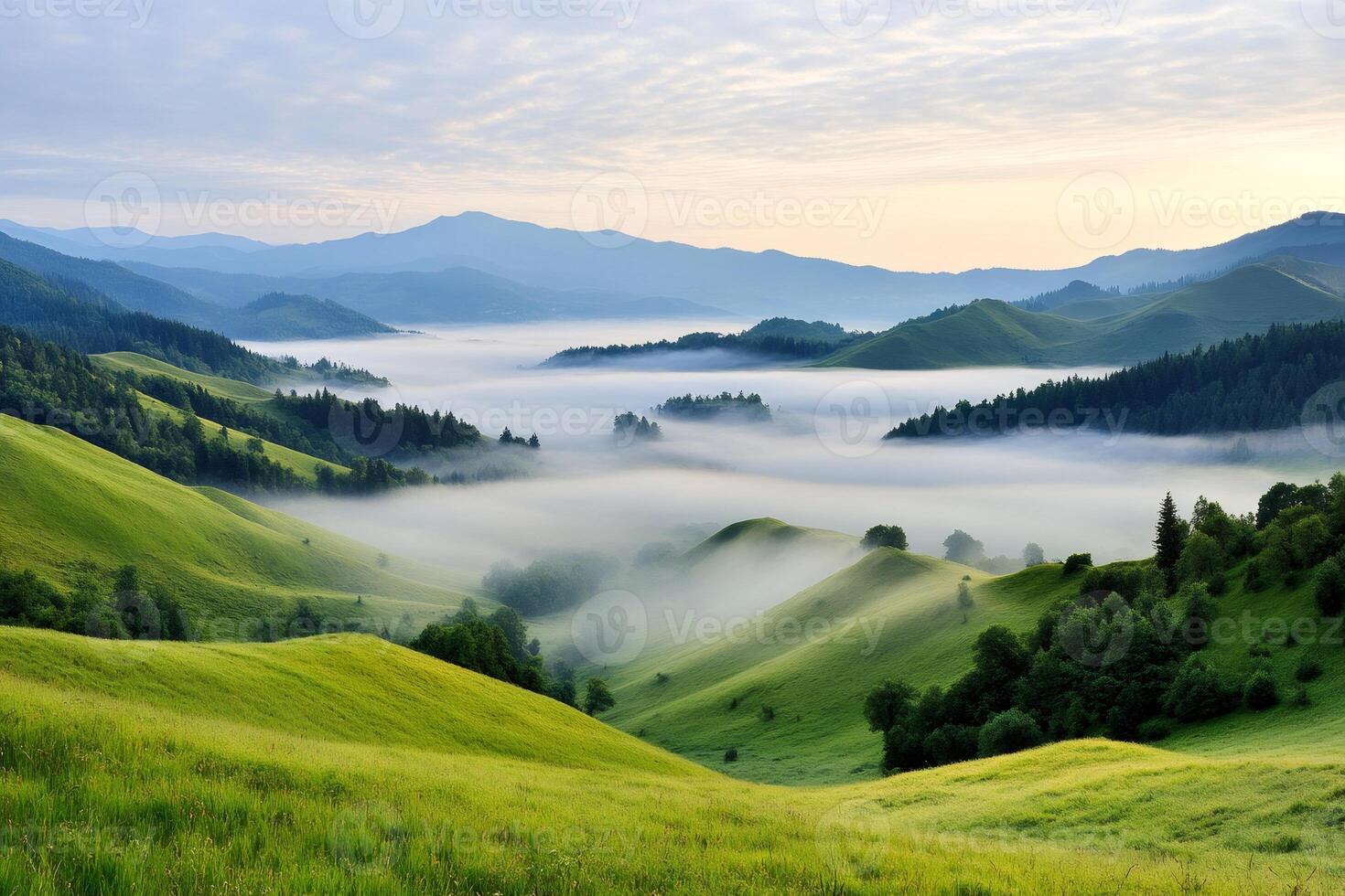 Fog is covering green hills and distant mountains at sunrise photo