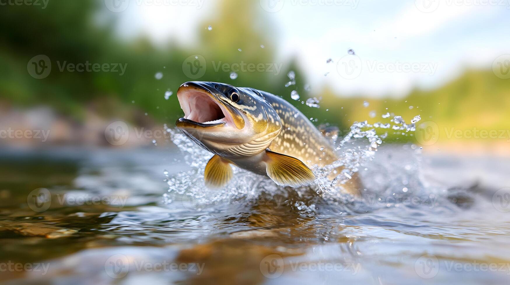 Brown trout jumping and splashing in a river. photo