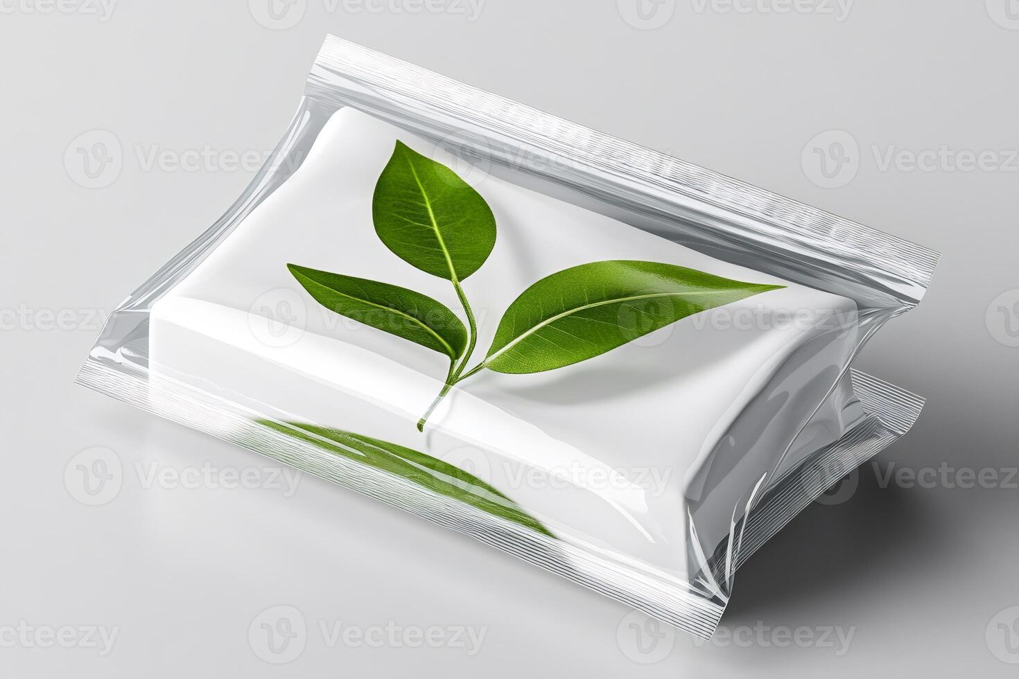 White blank plastic pouch bag with green leaves packaging mockup photo