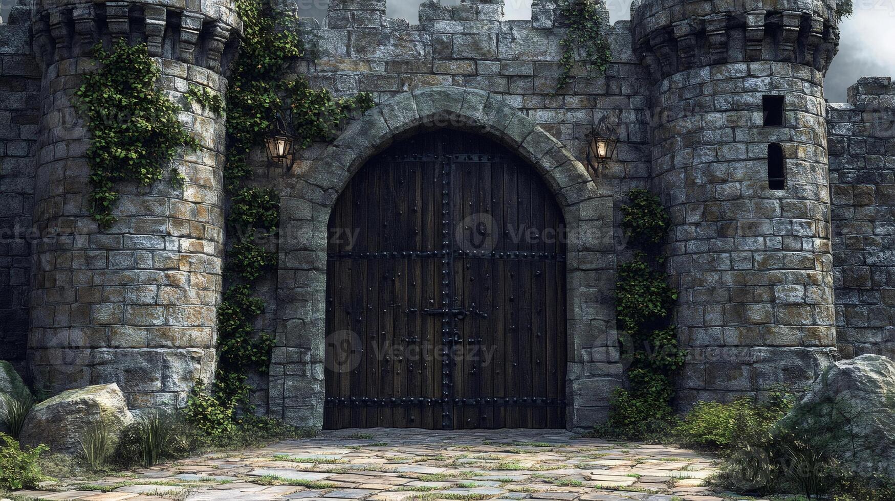 Imposing medieval castle gate with towers and fortified walls protecting the entrance photo
