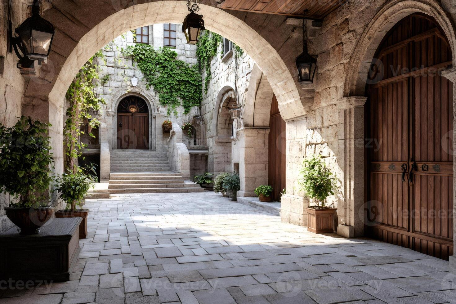 Stone paved courtyard with arches and wooden doors in a historic building photo
