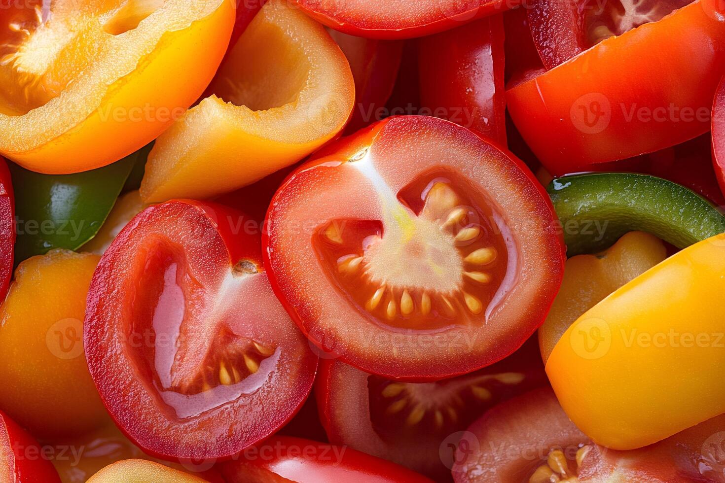 Sliced tomatoes and bell peppers creating colorful background photo