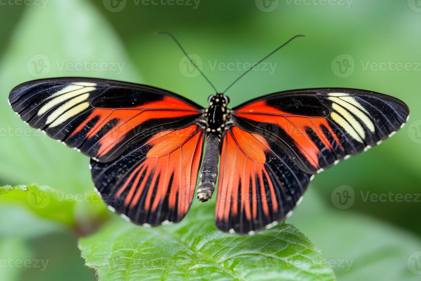 Postman butterfly showing colorful wings on green leaf. photo