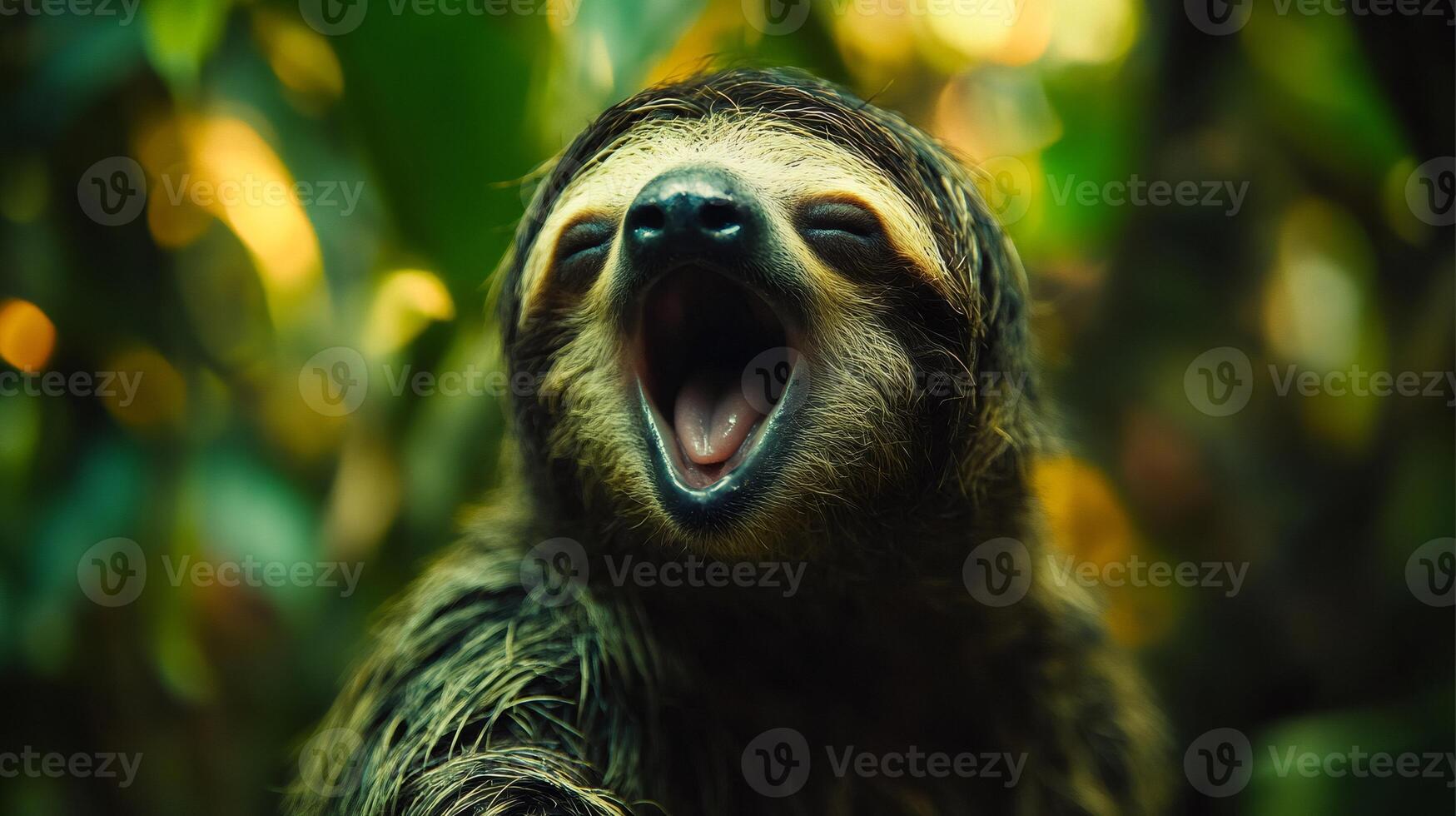 Brown-throated three-toed sloth yawning in the rainforest. photo