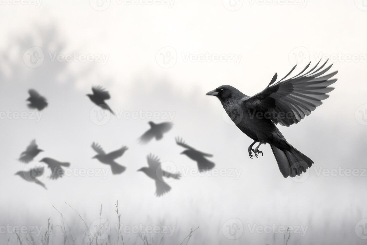 Black crow flying over misty field with other crows in the background photo