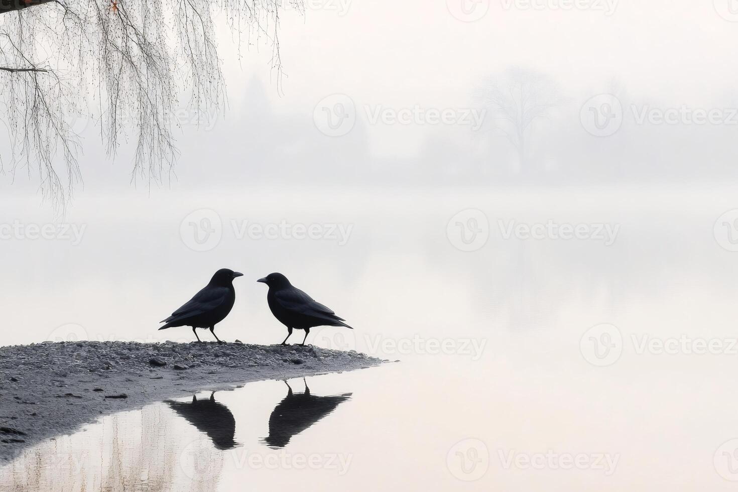 Two crows standing on the shore of a misty lake photo
