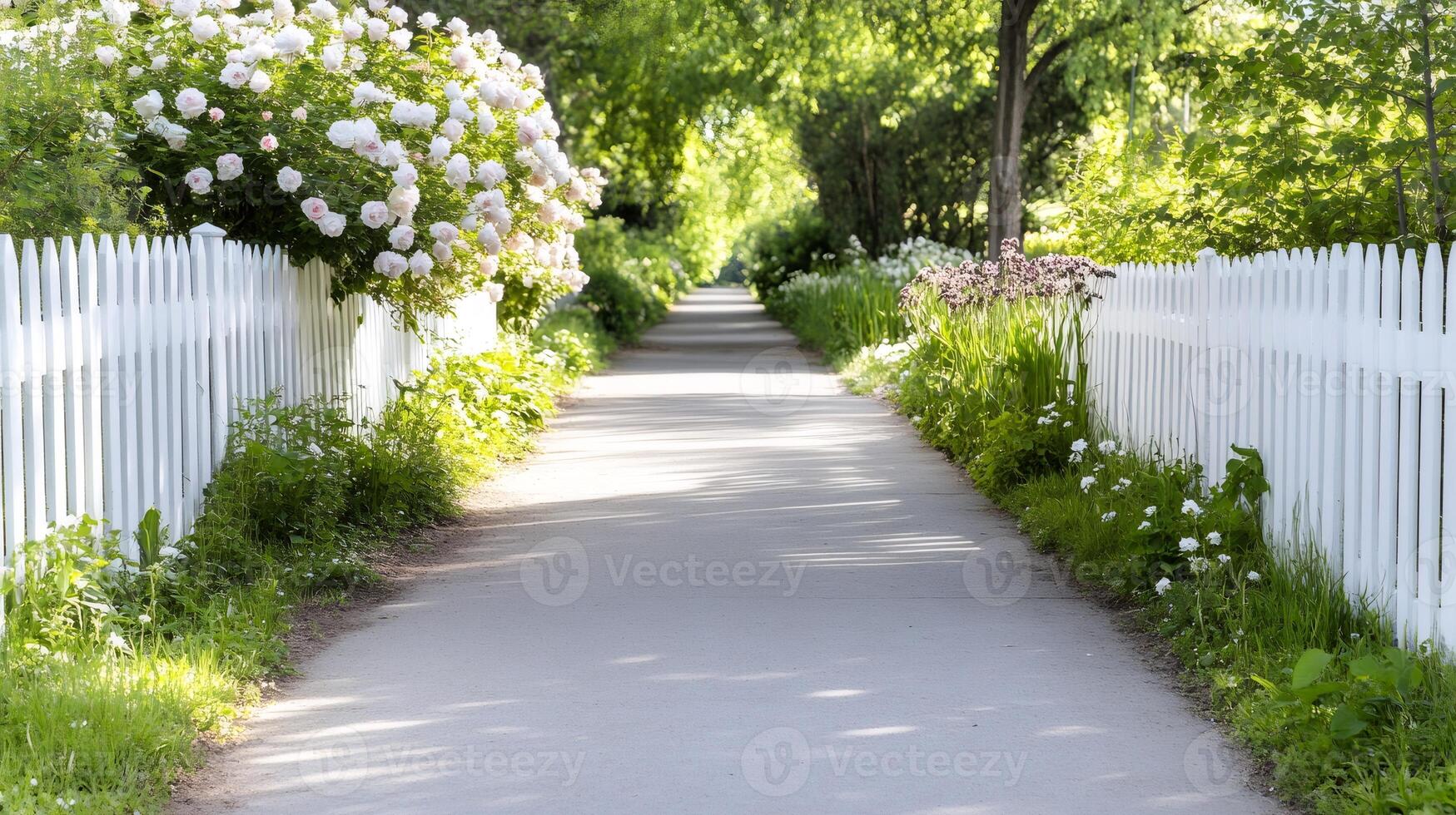 White picket fence bordering blooming rose bushes and a paved path in a peaceful garden photo