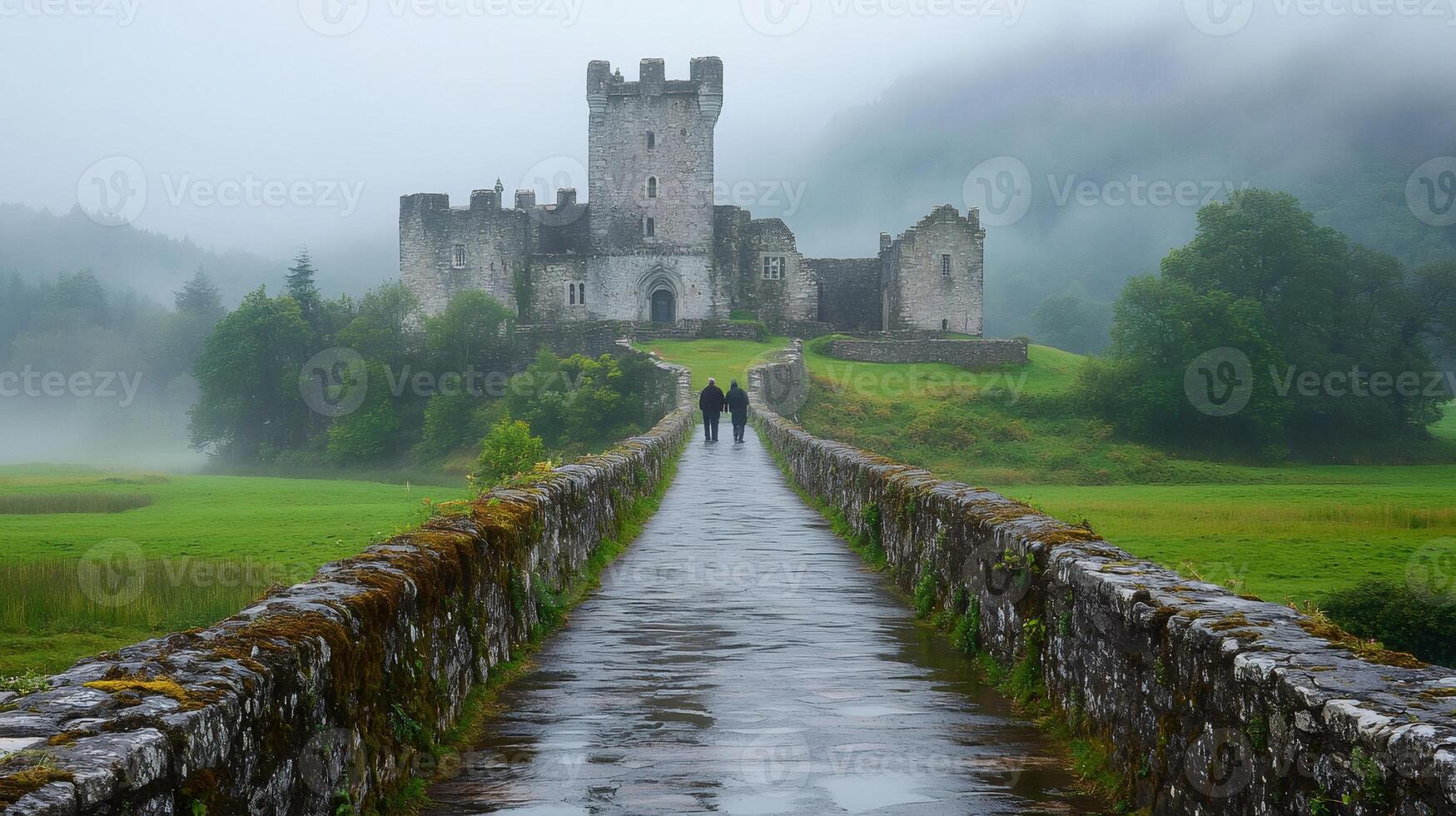 Tourists walking towards Kilchurn Castle on a misty morning in Scotland photo