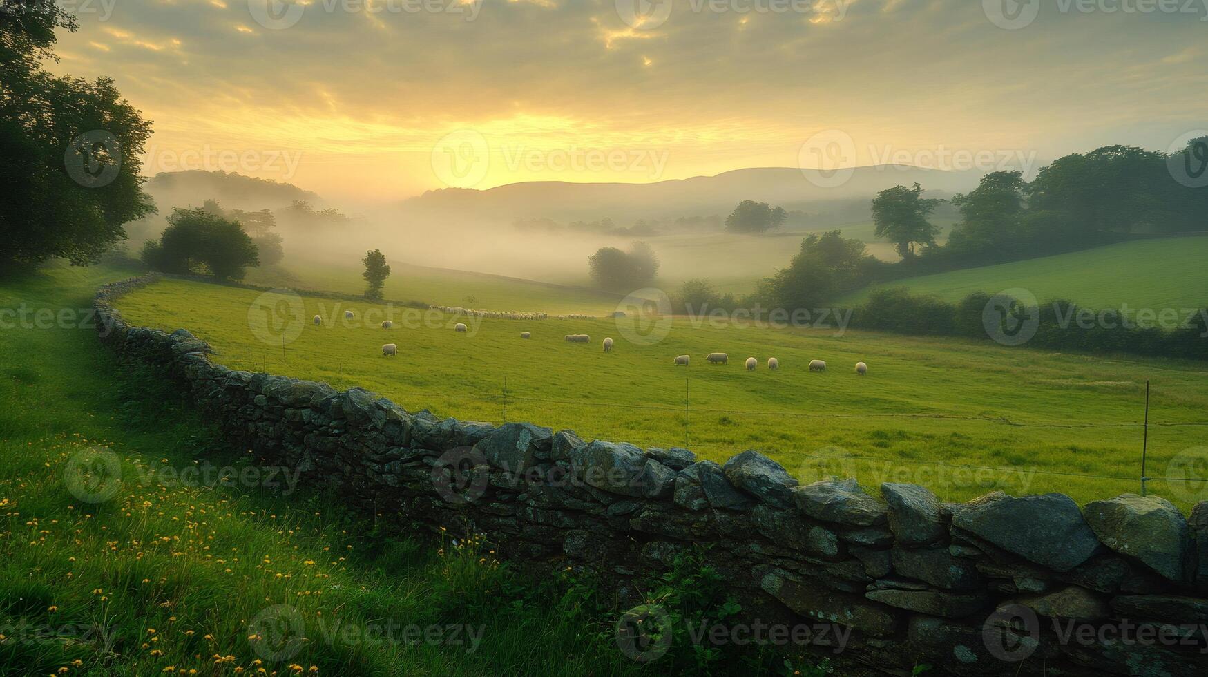 Sheep grazing in a green field at sunrise behind a stone wall photo