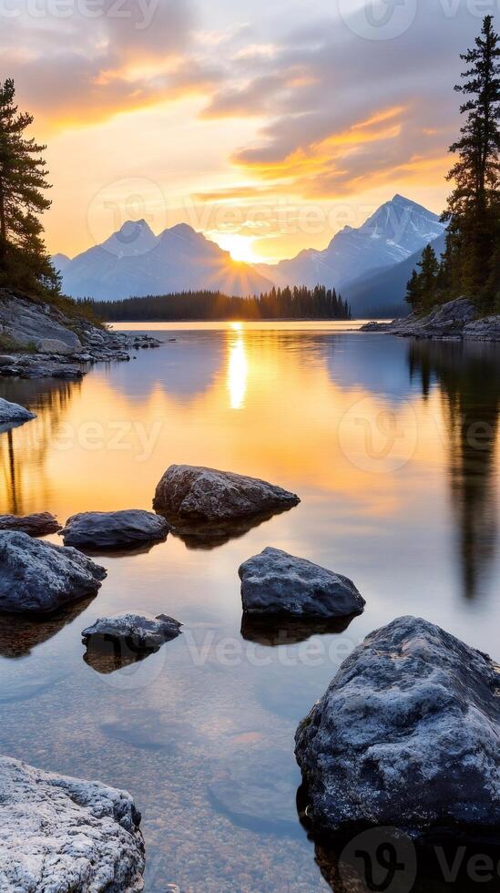 Sunrise illuminating rocky shore of Maligne Lake in Jasper National Park photo