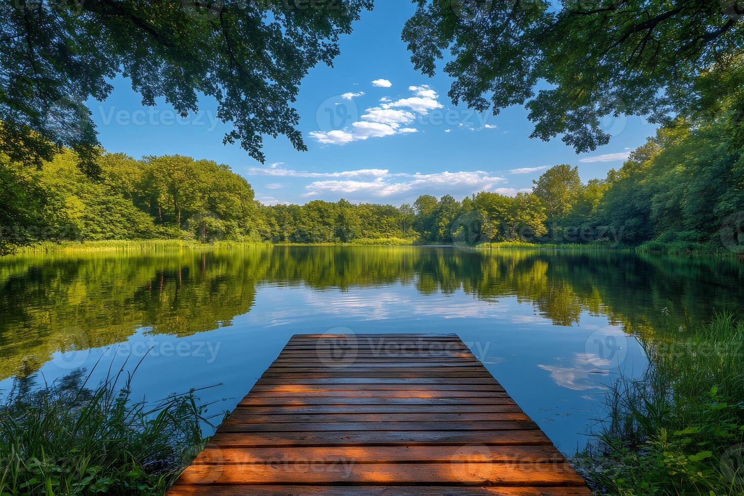 Wooden pier extending into a calm lake reflecting surrounding forest and sky photo