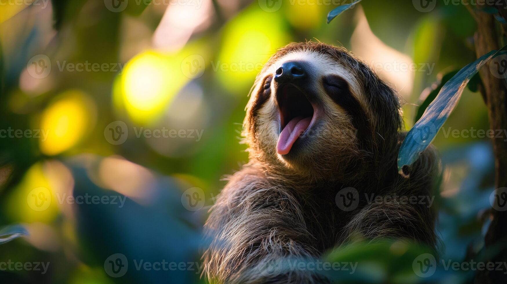 Brown-throated three-toed sloth yawning in the rainforest.. photo