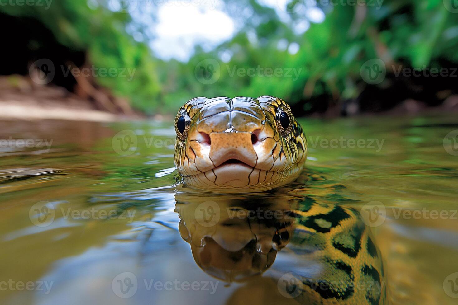 Curious snake surfacing in river in tropical rainforest photo