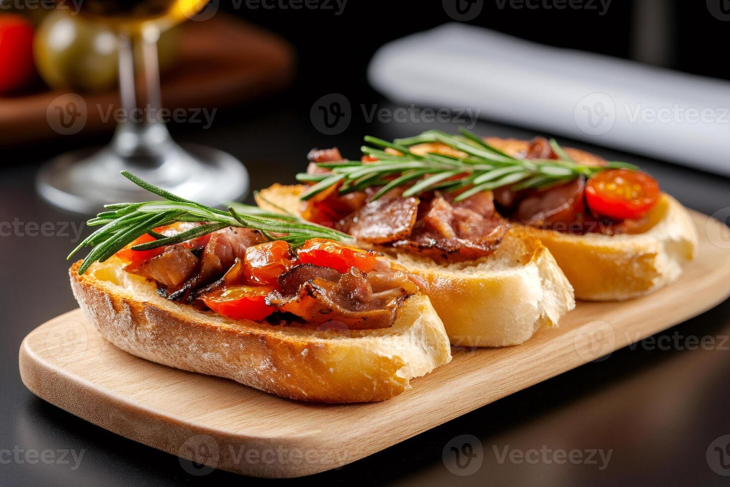 Delicious bruschetta with fried bacon, tomatoes and rosemary decorating wooden board photo