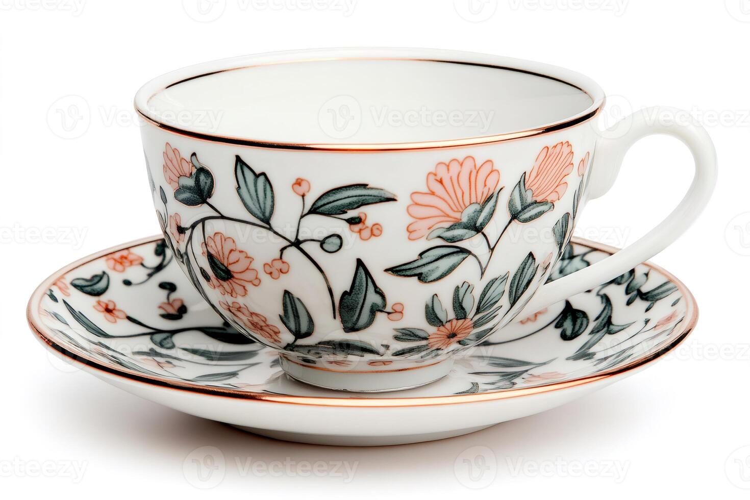 Elegant teacup and saucer set with delicate floral design, perfect for enjoying a warm beverage photo