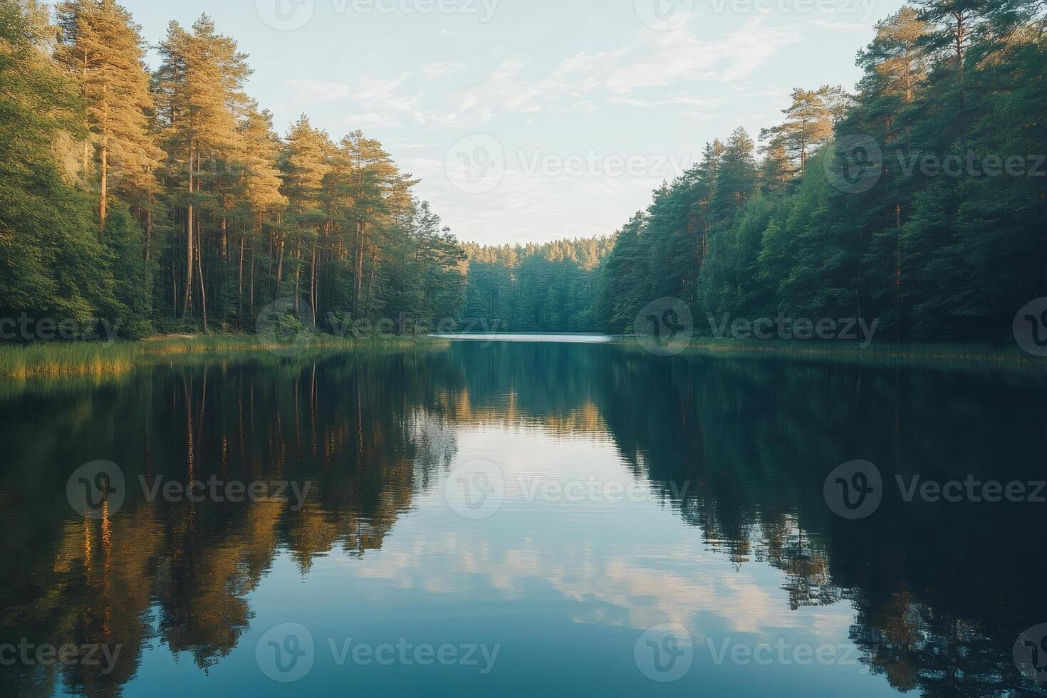 Calm lake reflecting surrounding forest at sunrise creating a peaceful atmosphere photo