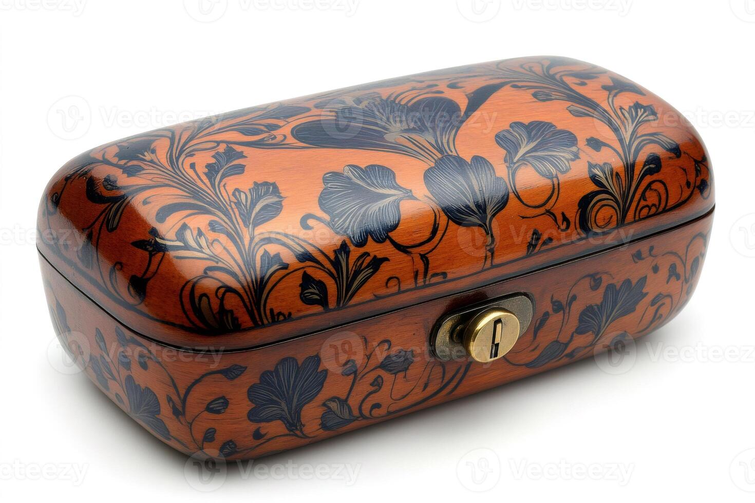 Closed wooden jewelry box with floral decoration isolated on white background photo