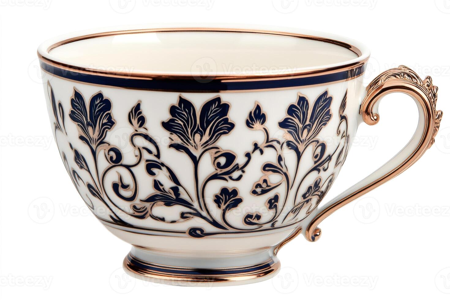 Elegant porcelain tea cup with gold and blue floral design, showcasing luxury and craftsmanship photo