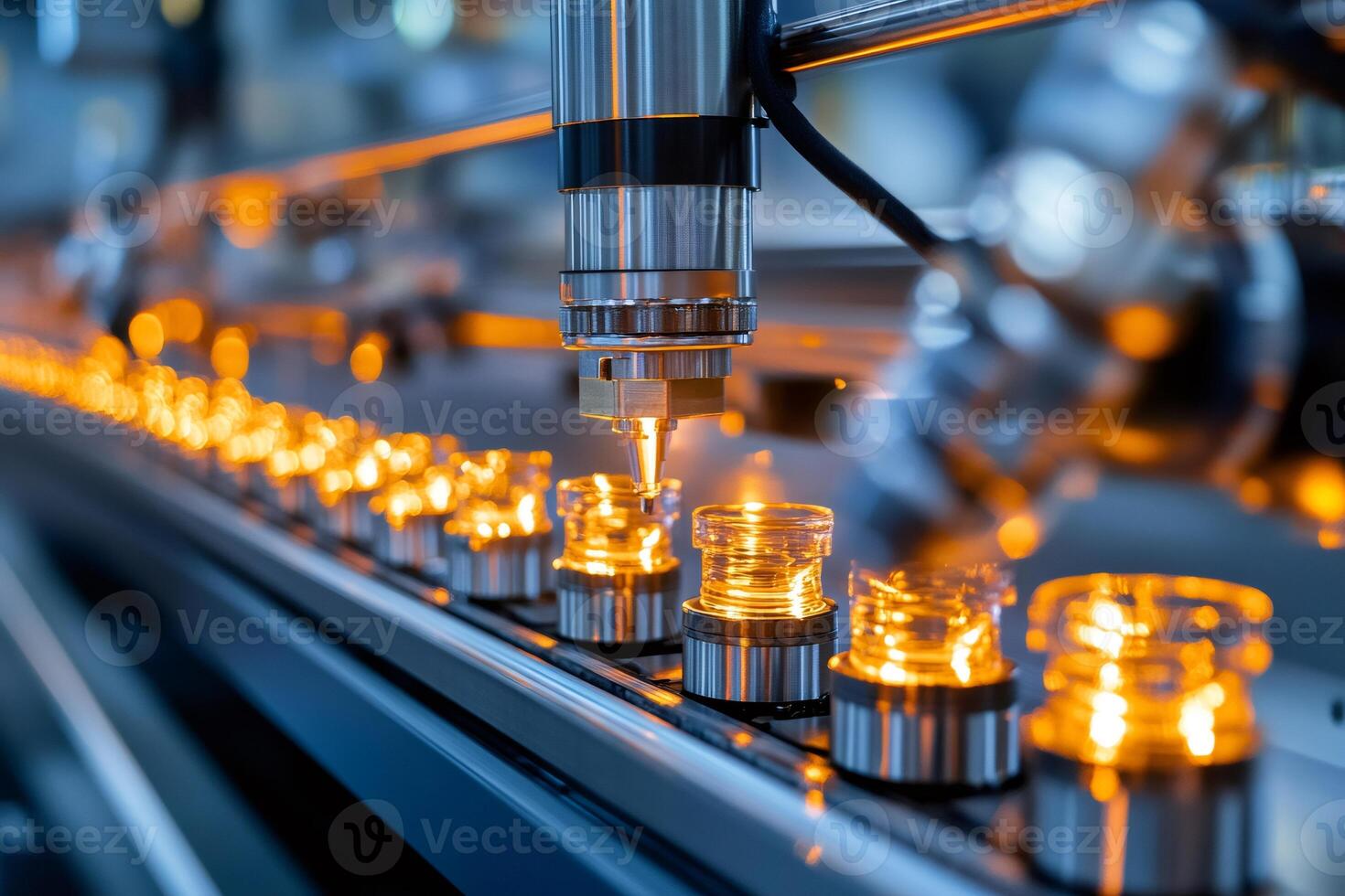 Robotic arm working on production line processing glass jars photo