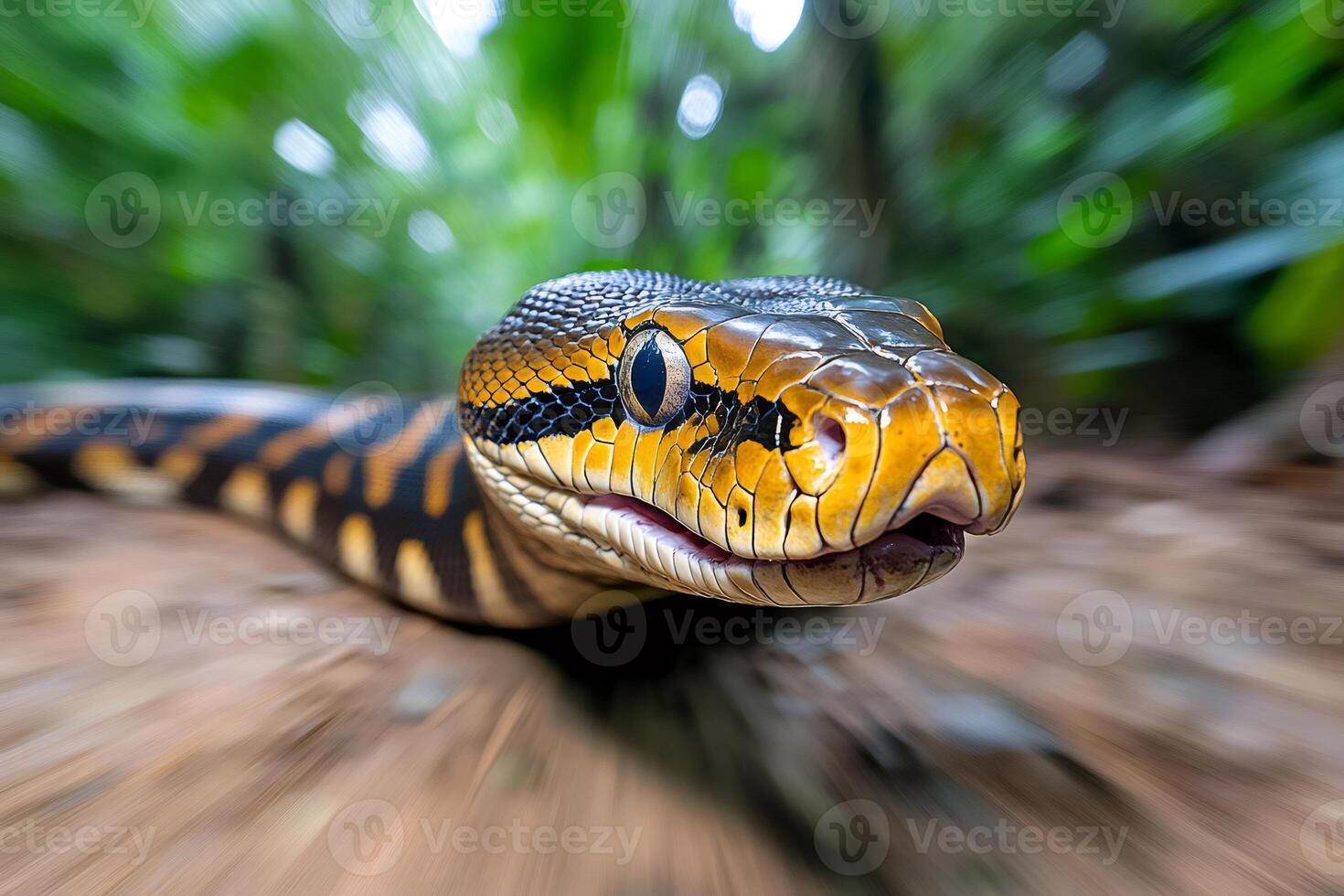 Carpet python slithering on the ground in the jungle photo