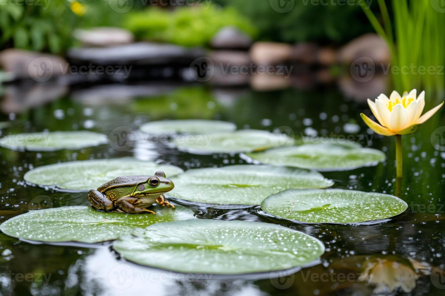 Green frog resting on water lily pad in a pond photo