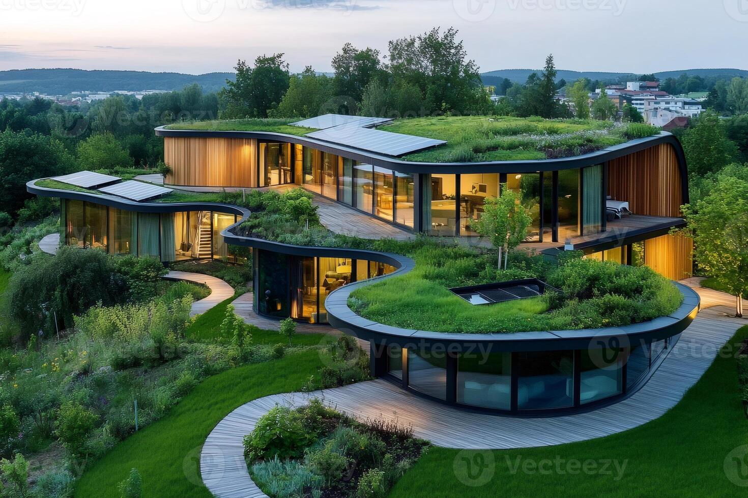Modern green roofed house blending with nature at sunset photo