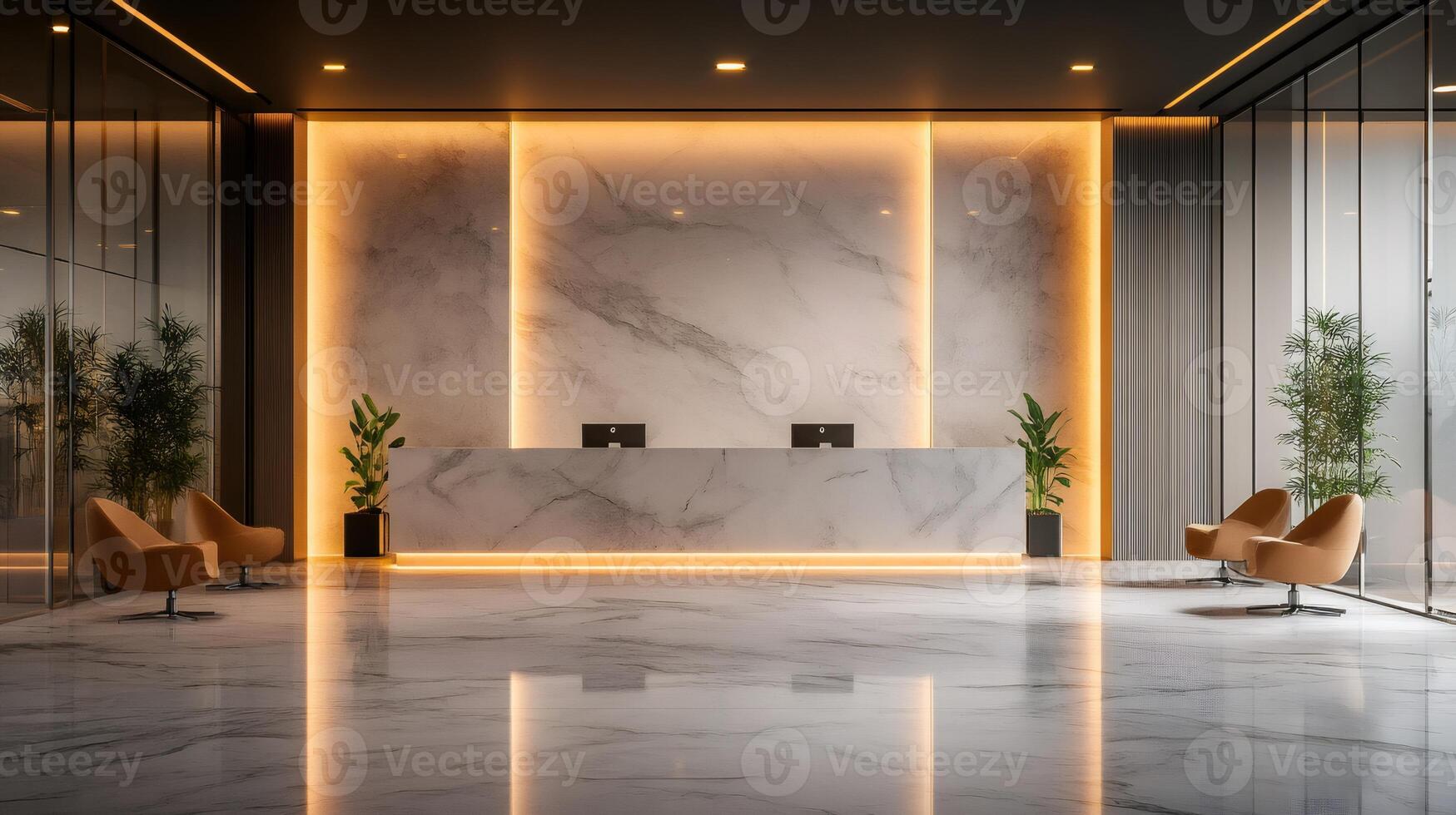 Modern hotel lobby interior with reception desk and marble floor photo