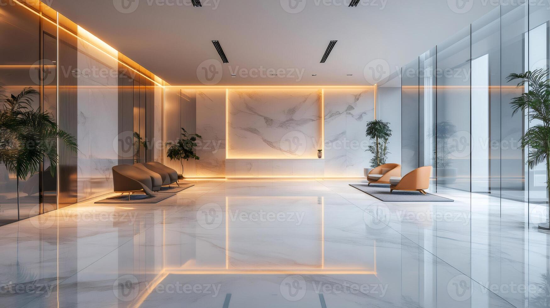 Empty modern lobby interior with marble floor and walls, illuminated by led lights photo