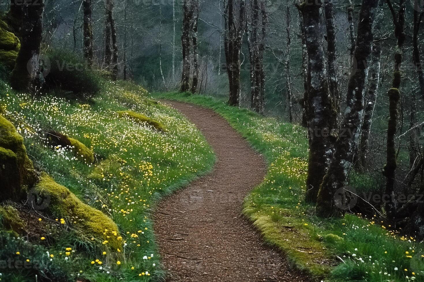 Winding path through spring wildflowers in lush forest photo