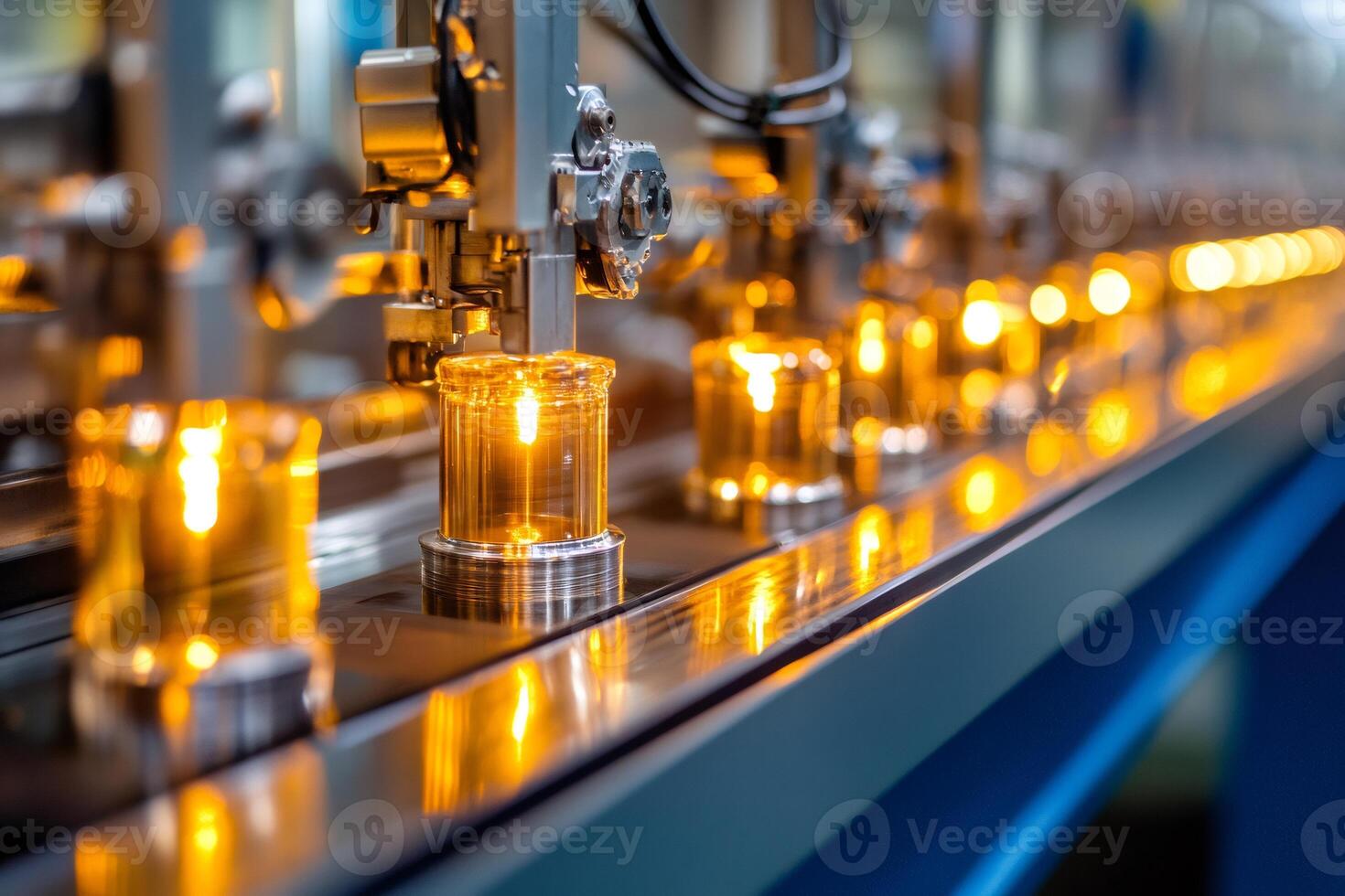 Robotic arm handling illuminated components on production line photo