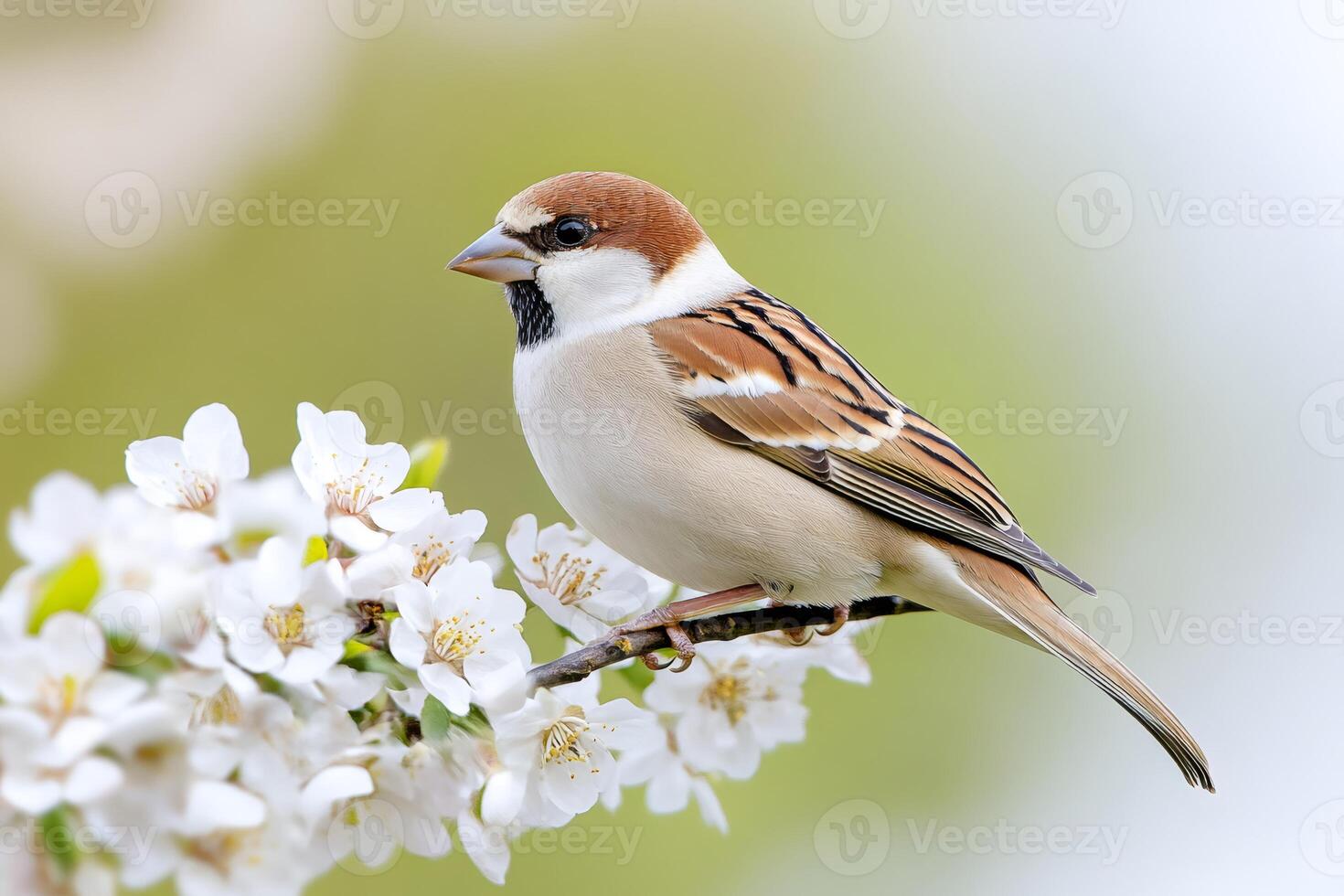 Eurasian tree sparrow perched on a blossoming cherry tree branch photo