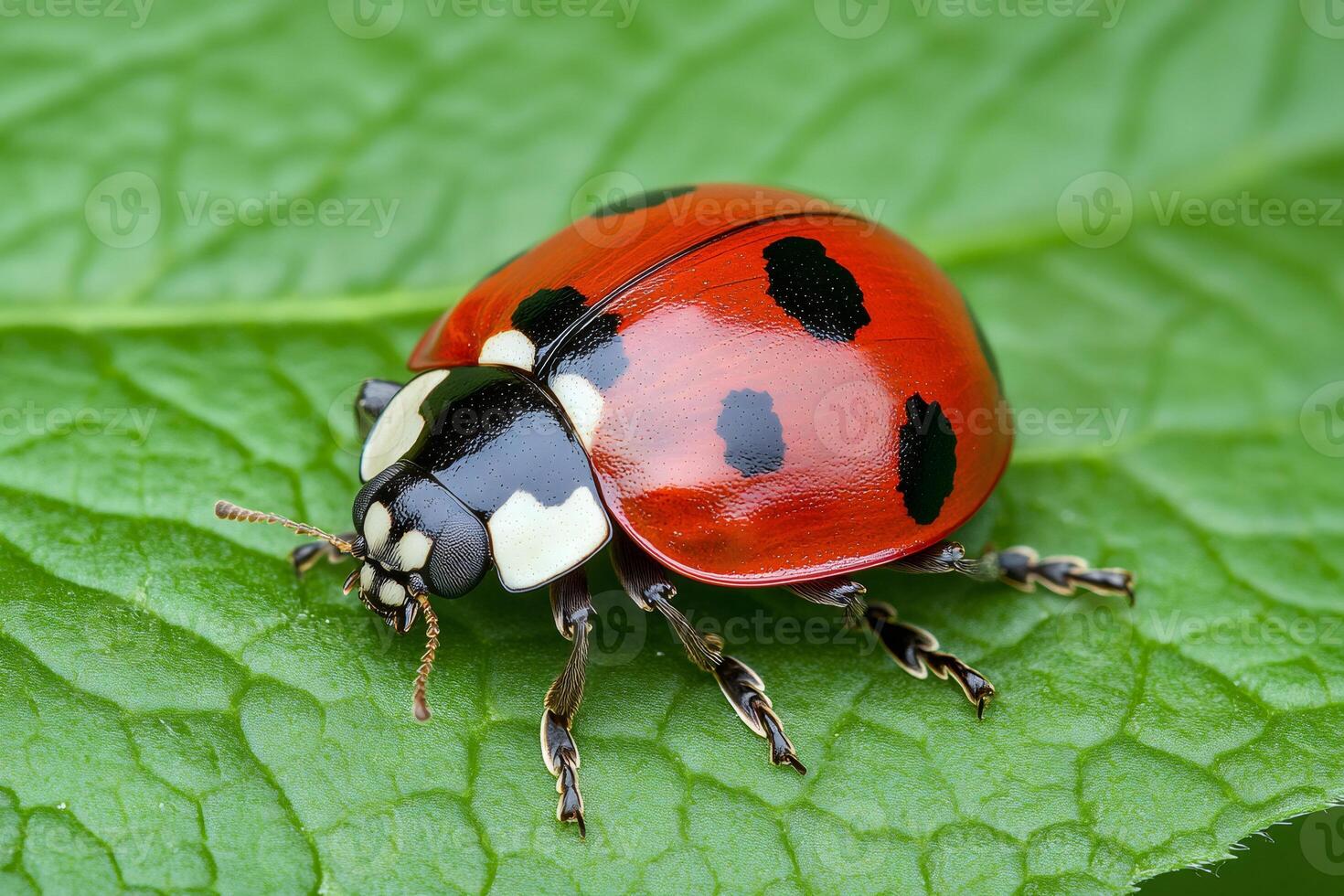 Ladybug walking on a bright green leaf in spring photo