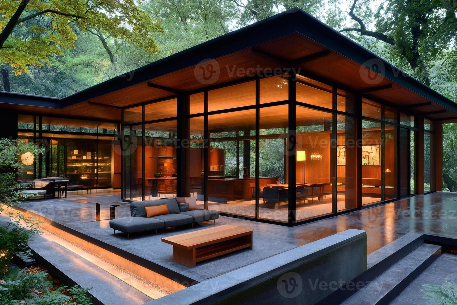 Modern house showcasing sophisticated architecture with illuminated interiors in a lush green forest photo