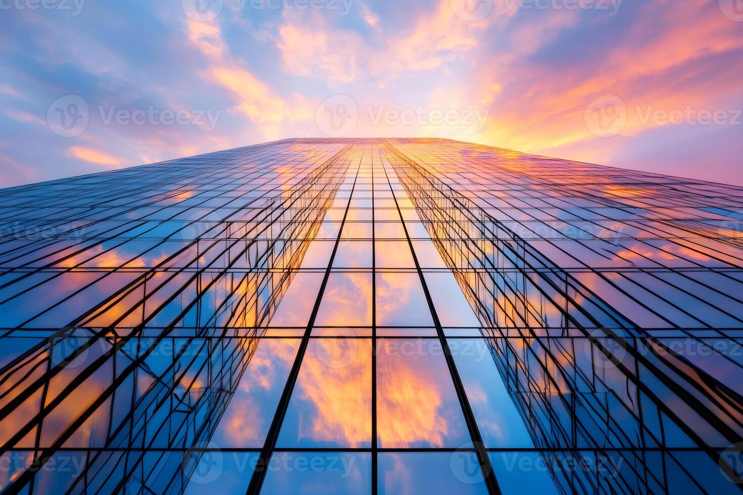 Glass skyscraper reflecting beautiful sunset clouds at twilight photo