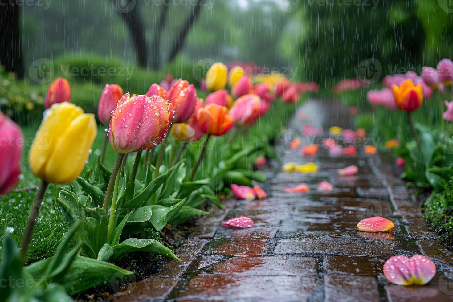Colorful tulips getting wet in the rain along a brick path photo