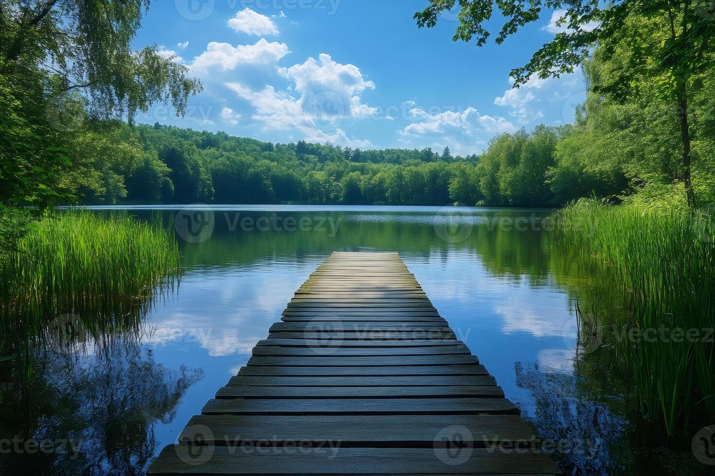 Wooden pier stretching into a calm lake surrounded by lush greenery photo