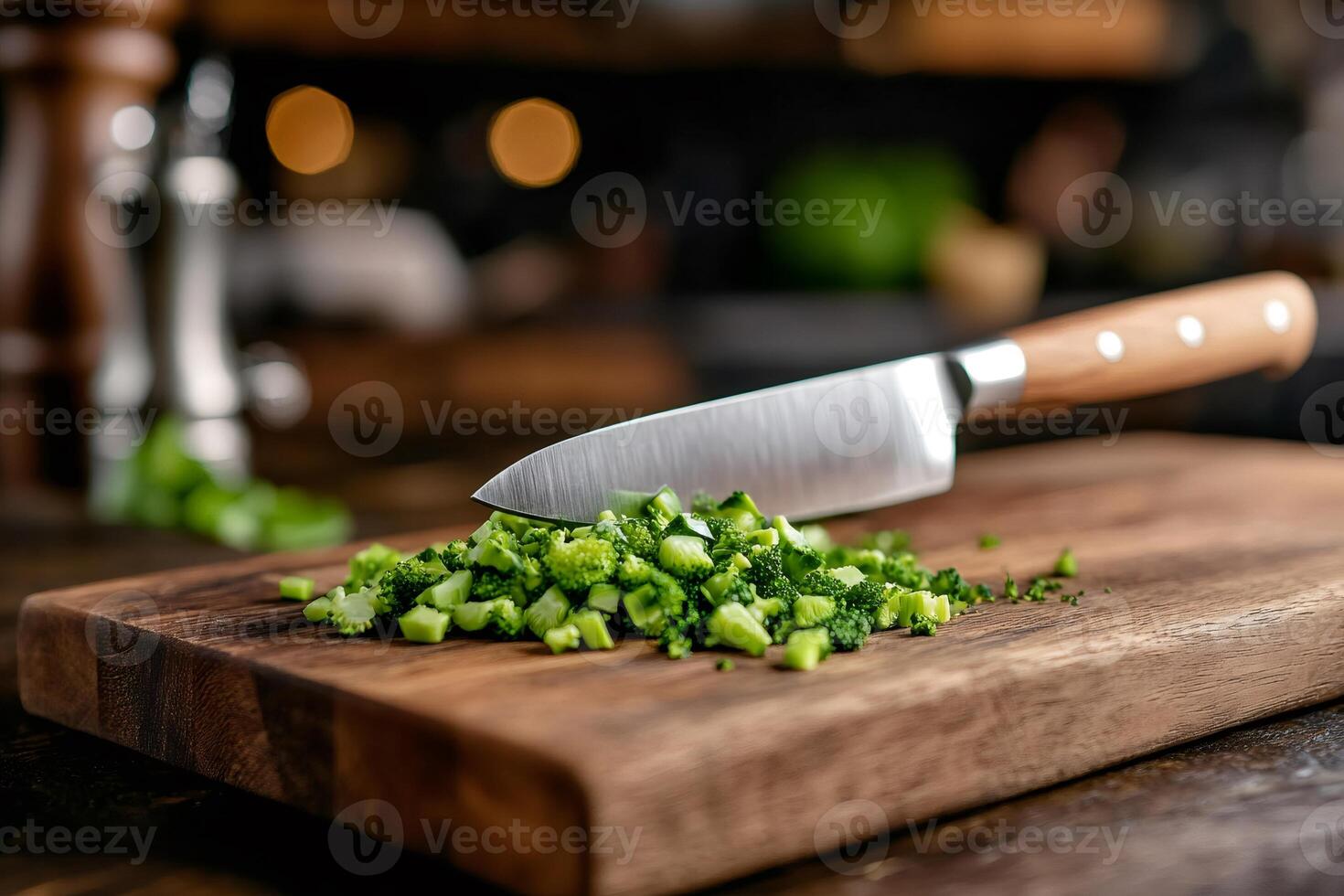Chef Chopping Broccoli on Wooden Cutting Board in Restaurant Kitchen photo