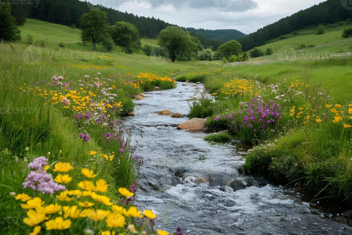 Small river flowing through a colorful blossoming meadow photo