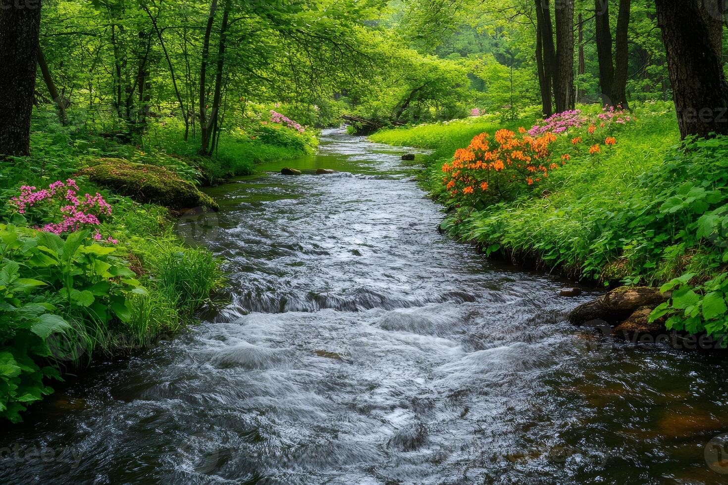 Small river flowing through lush green forest with orange and pink rhododendrons photo