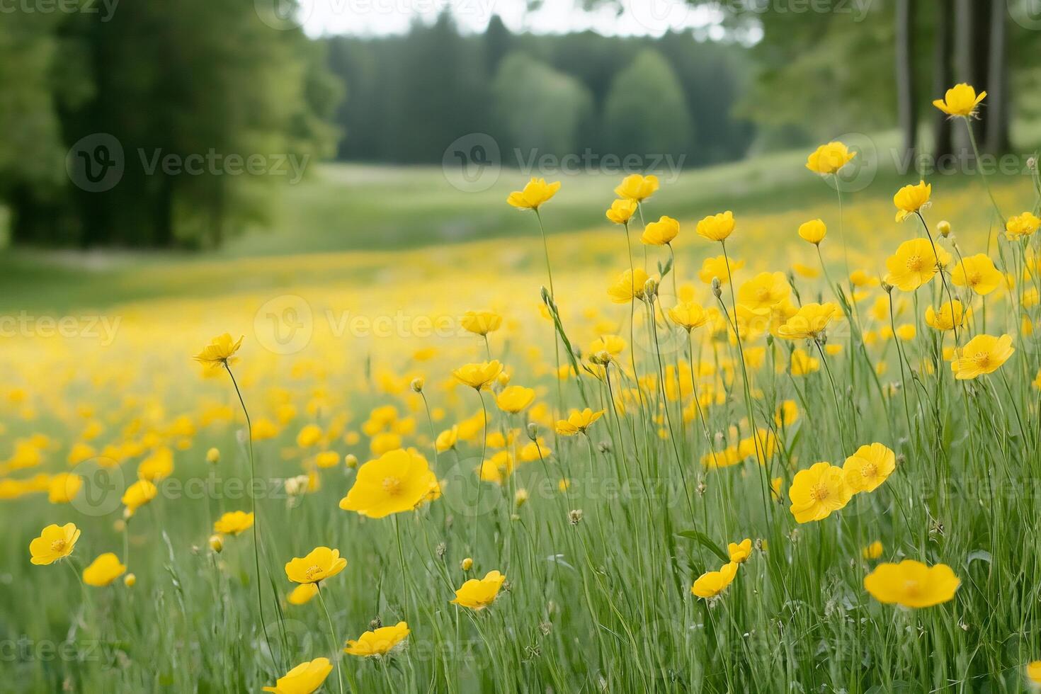 Yellow buttercup flowers blooming in spring meadow photo