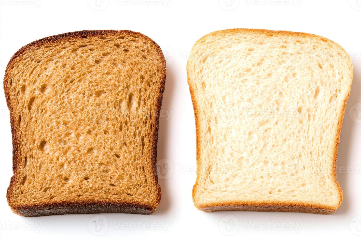 Toasted and untoasted slices of bread showing different colors lying on white background photo