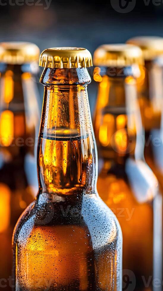 Cold beer bottles with condensation forming on glass photo