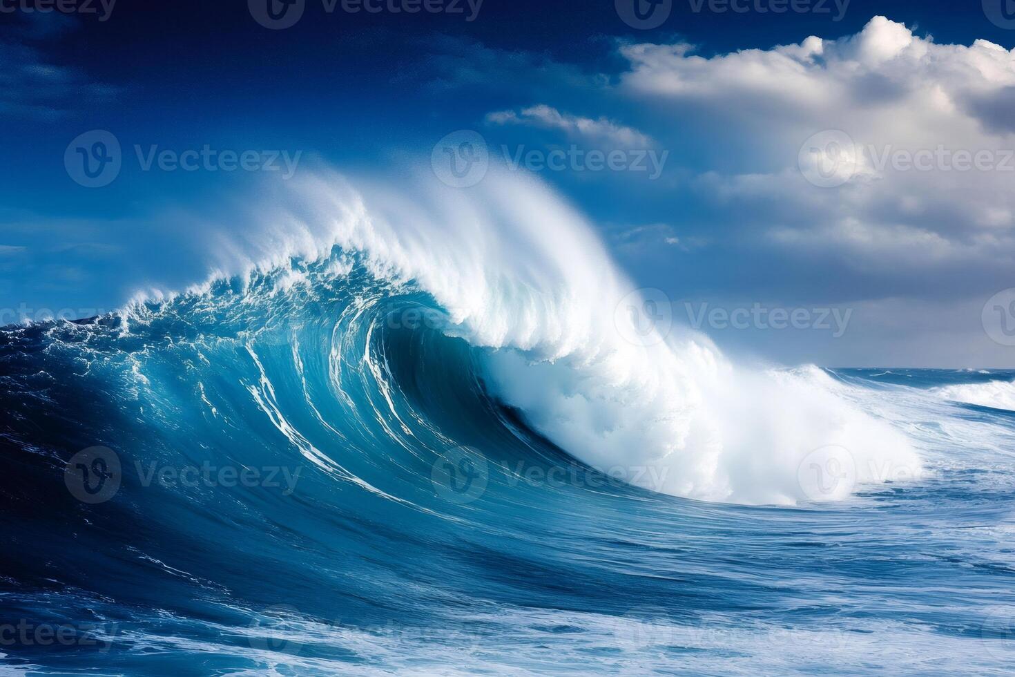 Giant ocean wave breaking under cloudy sky photo