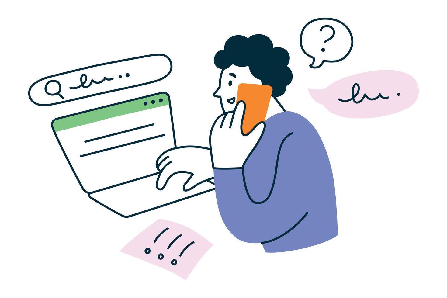illustration of man working on laptop, searching for information in internet while making phone call. Flat cartoon character, multitasking, research, and active work with a to-do list vector
