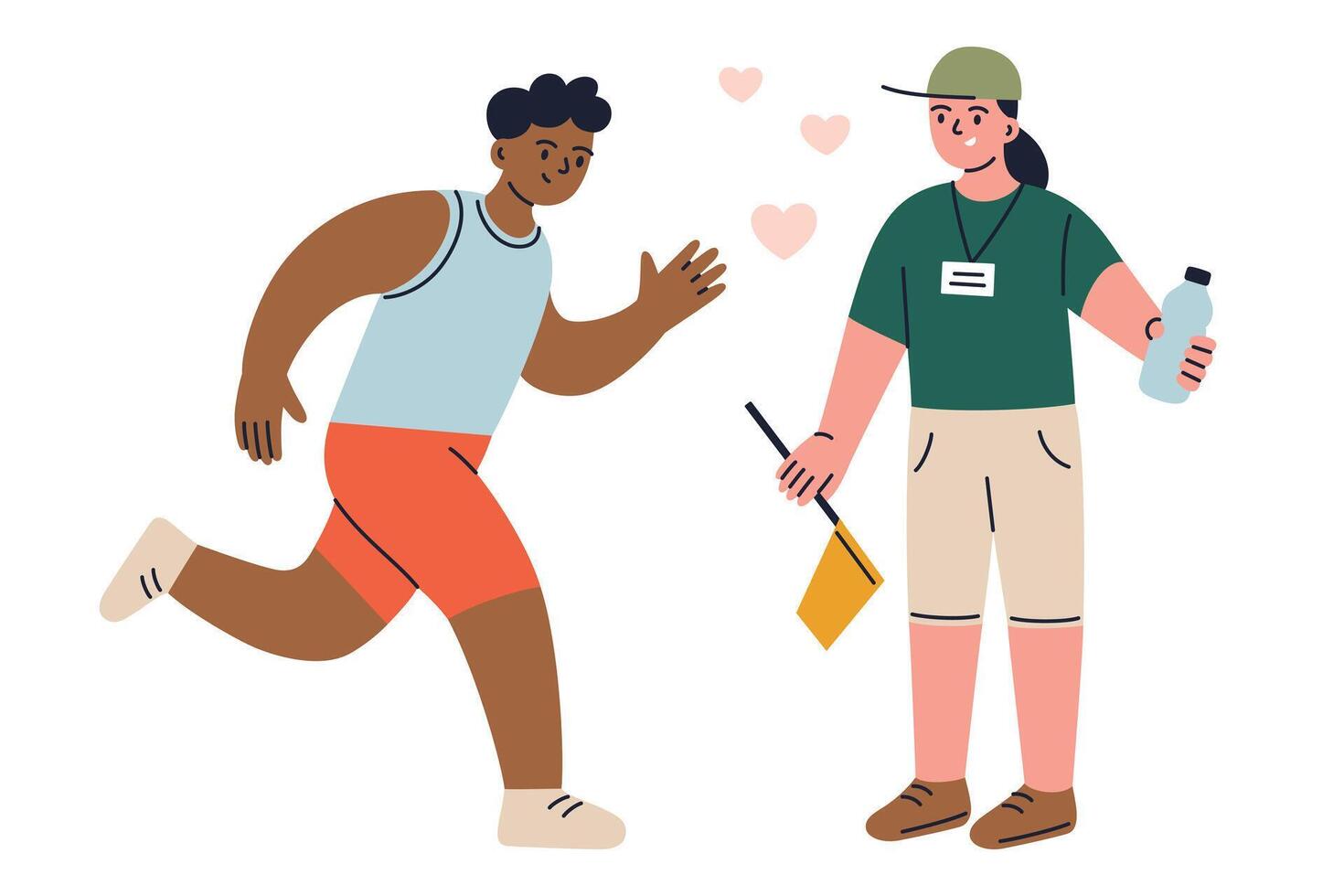 illustration of sports volunteer assisting running athlete at event. Concept of teamwork, competition, encouragement, and motivation in marathon or race. Flat cartoon characters vector