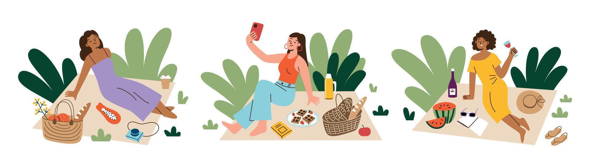 illustration set of young women enjoying picnic outdoors. Relaxing, taking selfies, drinking wine on picnic blankets with food baskets, snacks, drinks. Me time concept, flat cartoon characters vector