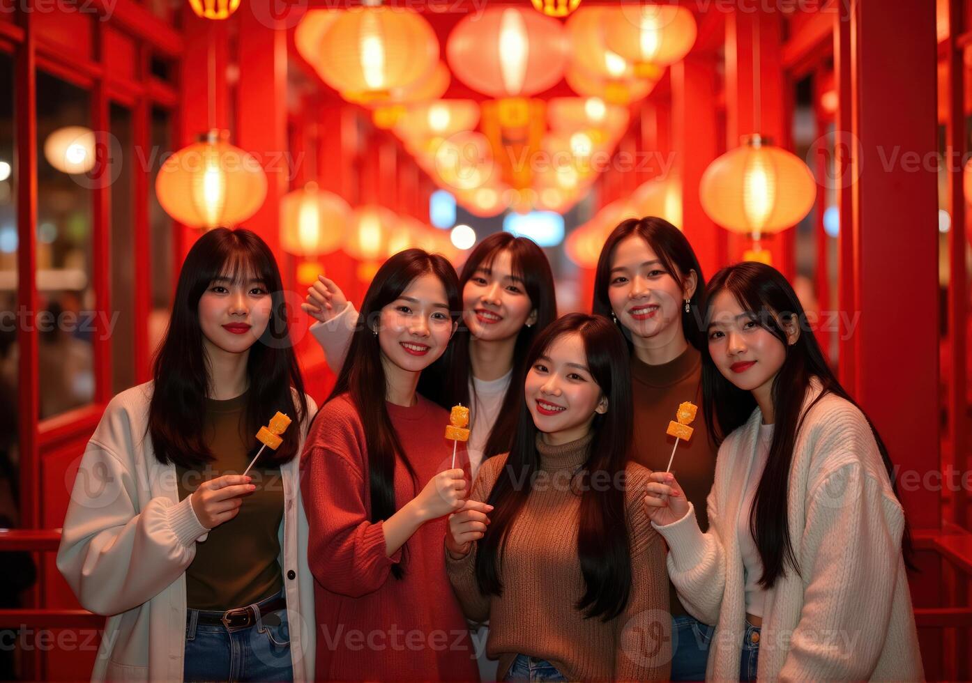 Four asian women posing for a photo in front of red lanterns