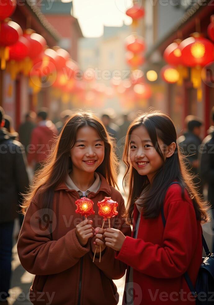 Two young girls holding red lanterns in an asian street photo